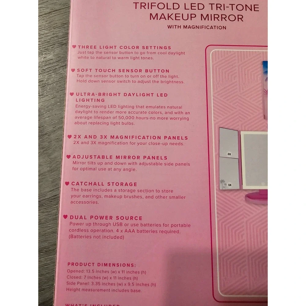 NWT Impressions Vanity Barbie LED Trifold Makeup Mirror with Magnification 3 Way
